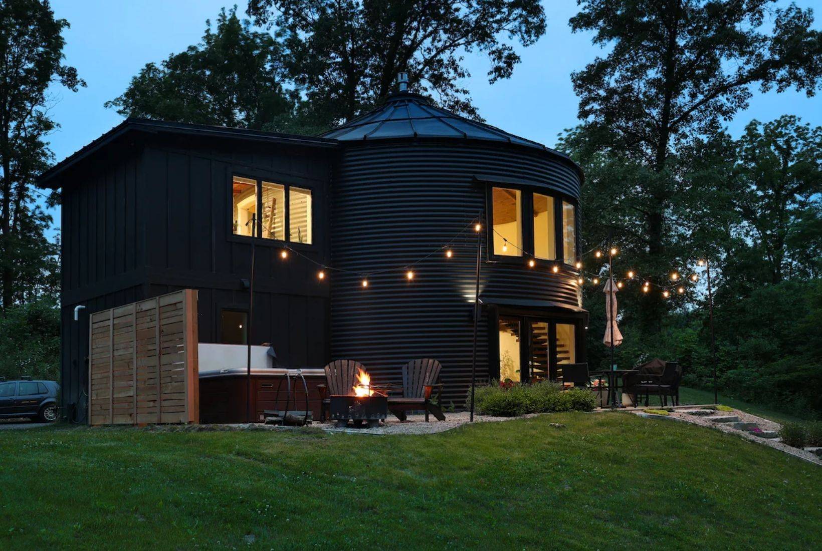 Modern countryside rental with firepit and string lights, ideal Airbnb in the Bangor & South Haven area.