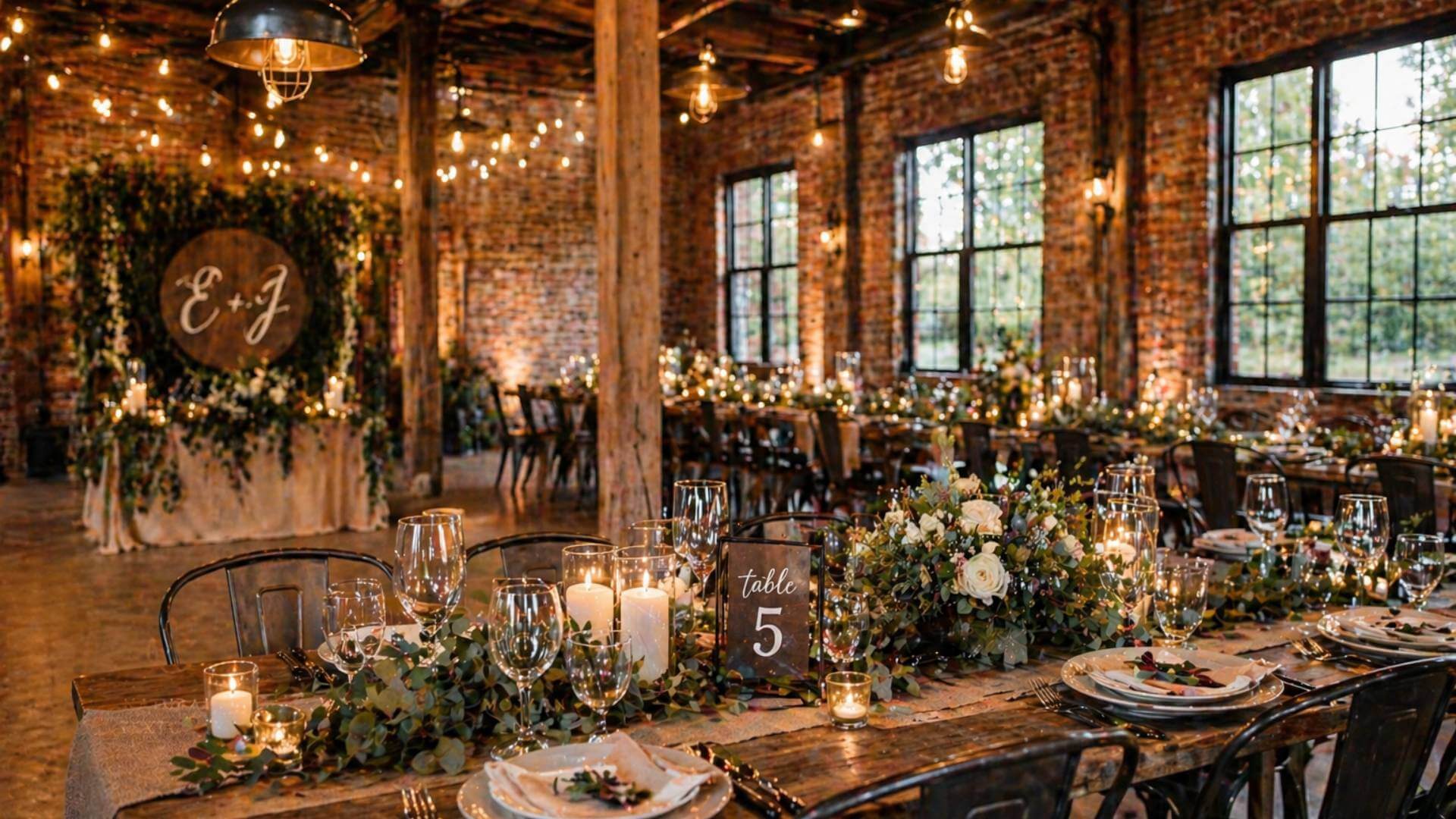 Rustic industrial wedding design in Michigan reception venue with wood and metal details