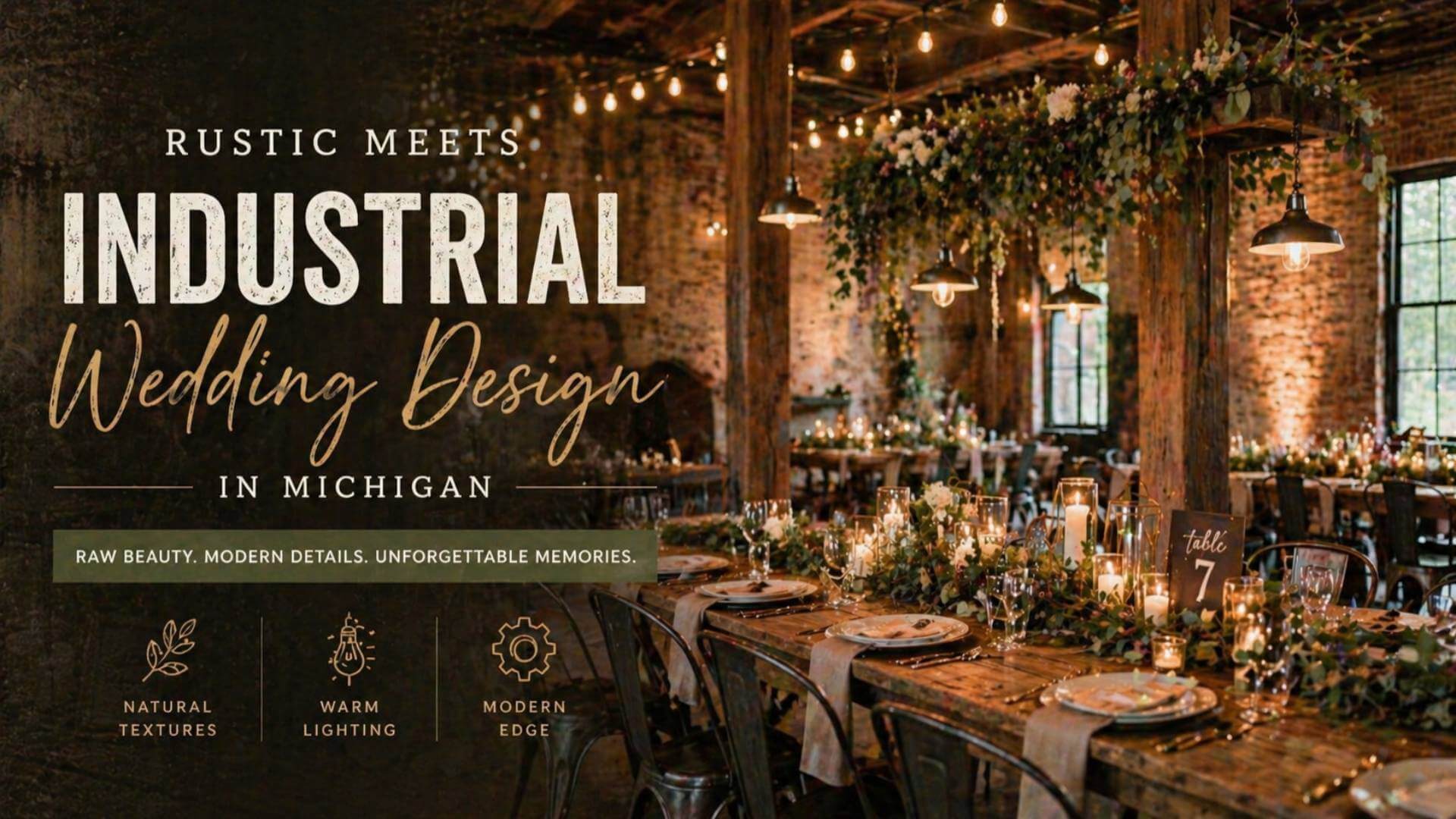 Rustic industrial wedding design in Michigan barn venue reception