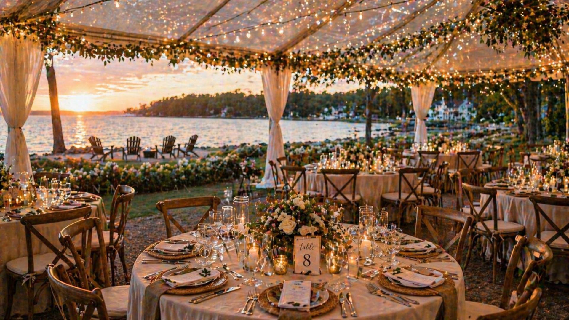 Destination wedding Michigan lakeshore reception outdoor tent setup