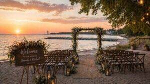 Destination wedding on Michigan lakeshore sunset beach ceremony